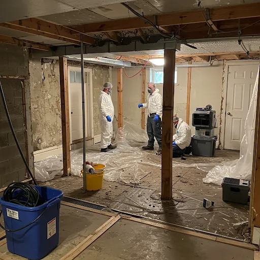 Professional mold remediation team in protective gear working in gutted basement with containment barriers and specialized equipment in Hudson Valley home