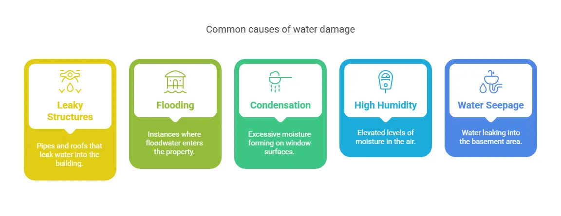 Common causes of water damage including leaky structures, flooding, condensation, high humidity, and water seepage, which can signal when mold remediation is required
