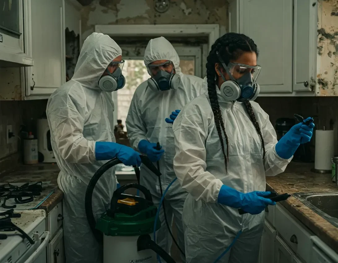 Professional mold remediation team in protective gear cleaning a kitchen with severe mold damage