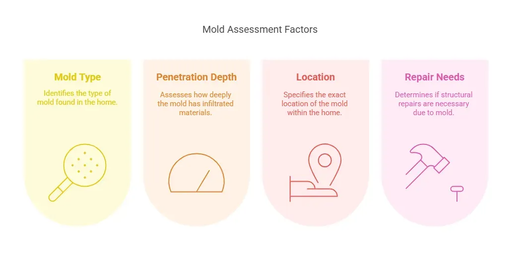 Infographic showing four key mold assessment factors: mold type, penetration depth, location, and repair needs