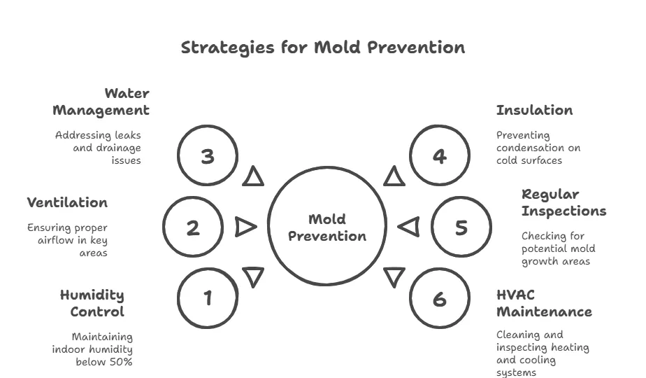 Six effective strategies for mold prevention that help identify when mold remediation is required, such as humidity control, ventilation, water management, insulation, inspections, and HVAC maintenance.