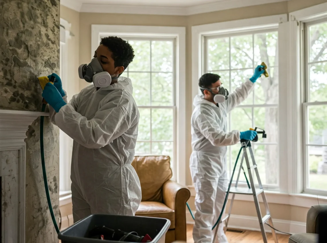 Professionals in full protective gear performing mold remediation inside a residential property, showcasing what to expect when mold remediation is required
