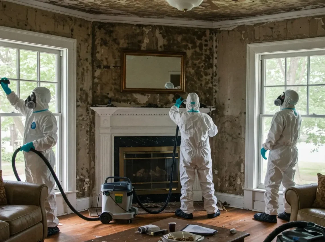 Professional mold remediation technicians in full protective gear removing extensive black mold contamination from walls and ceiling in a living room, using specialized HEPA vacuums and containment procedures to safely eliminate hazardous growth