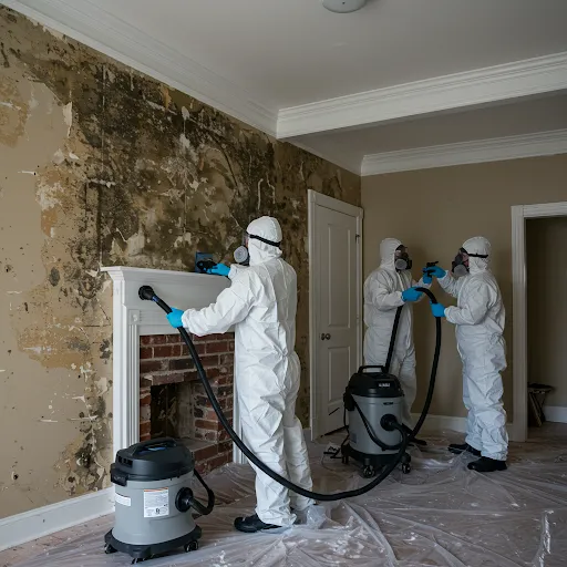 Professional mold remediation team in protective gear removing black mold from water-damaged walls in residential home renovation
