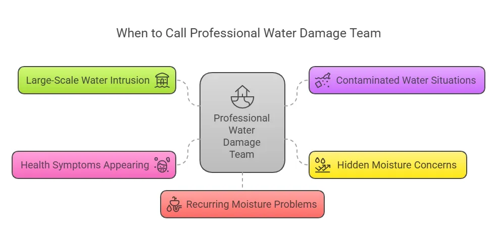 Infographic explaining when to call a professional water damage team to prevent mold growth, including large-scale water intrusion and hidden moisture concerns