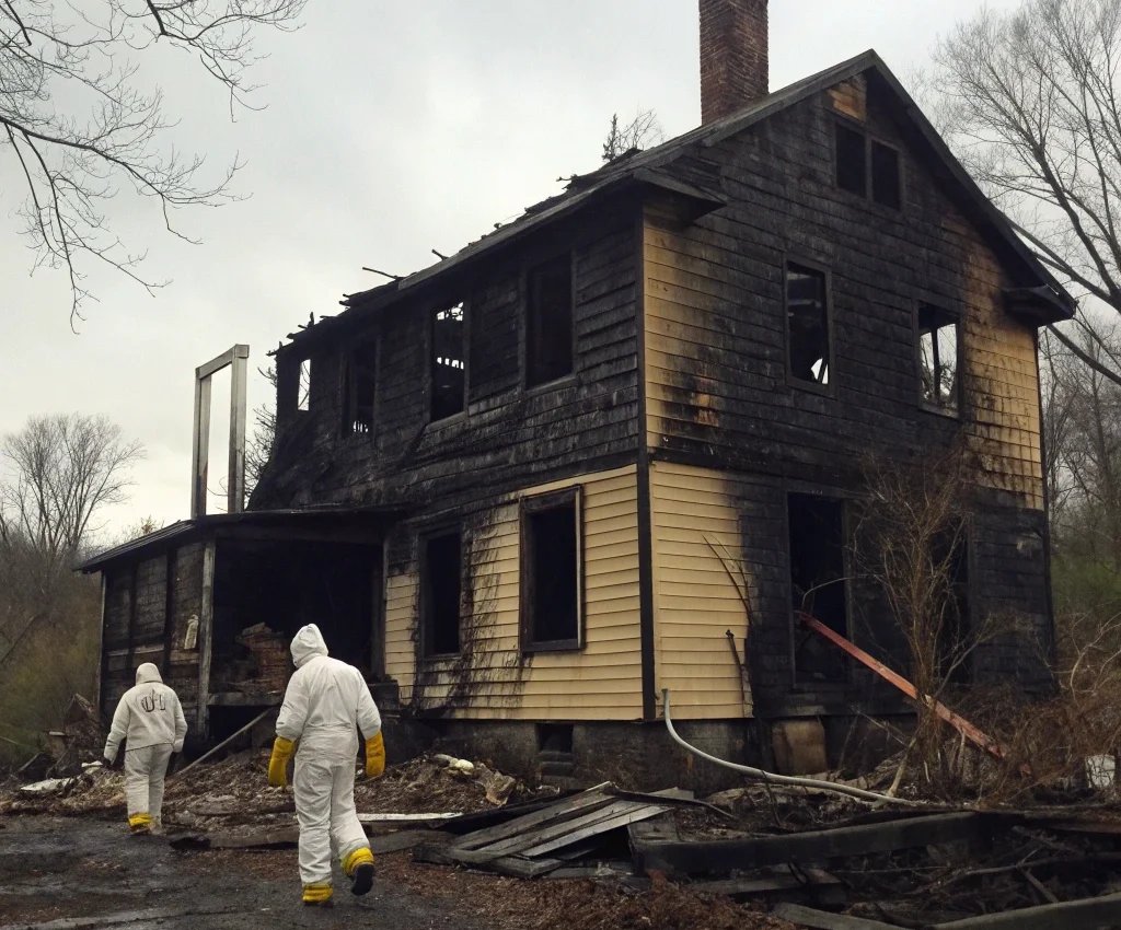 Fire damaged two-story home with professional restoration specialists in protective suits conducting fire damage restoration Hudson Valley assessment