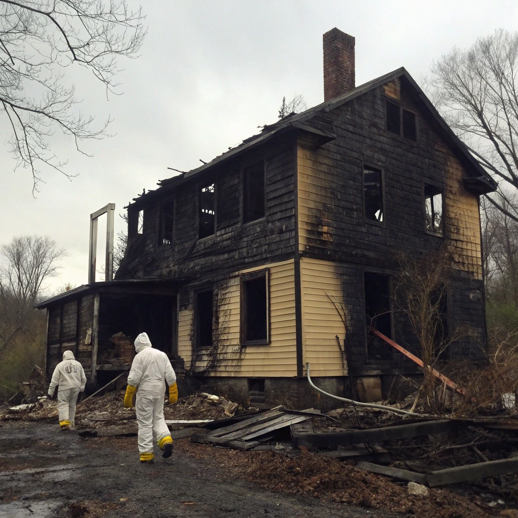 Fire damaged two-story home with professional restoration specialists in protective suits conducting fire damage restoration Hudson Valley assessment