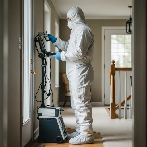 Professional technician in protective suit conducting indoor air quality testing Hudson Valley home with specialized equipment