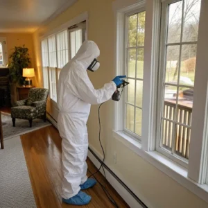Certified technician performing indoor air quality testing Hudson Valley home using specialized detection equipment near windows