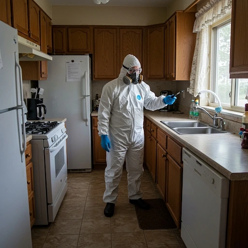 Certified mold assessment technician in Hudson Valley inspecting a residential kitchen for mold contamination, wearing full protective equipment including respirator and gloves while examining sink area