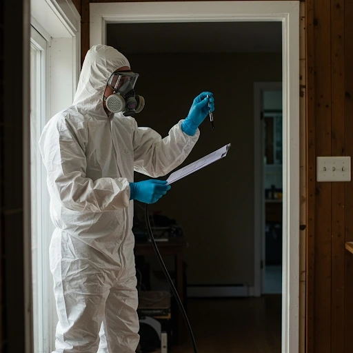 Professional wearing protective hazmat suit, respirator mask, and blue gloves conducting a comprehensive mold assessment in a Hudson Valley home, collecting samples and documenting findings