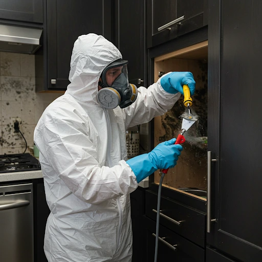 Mold demolition specialist in Hudson Valley wearing protective hazmat suit and blue gloves carefully removing contaminated materials from kitchen cabinetry during professional remediation process