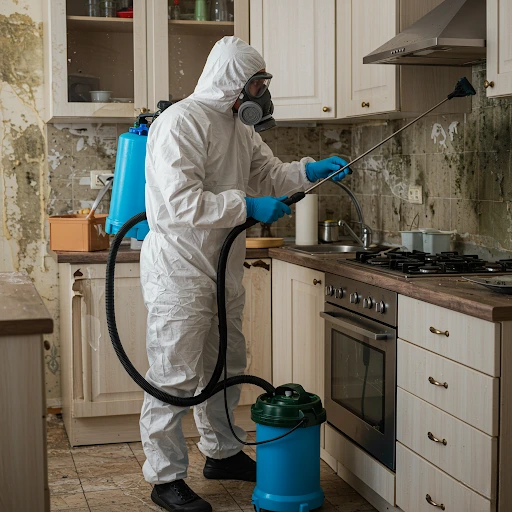Professional mold demolition specialist in Hudson Valley treating kitchen walls with antimicrobial solution, wearing full protective equipment during remediation process before structural removal of contaminated materials