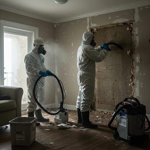 Certified mold demolition technicians in Hudson Valley removing contaminated drywall and extracting mold spores from wall cavity, wearing full protective equipment with HEPA vacuum systems during residential remediation