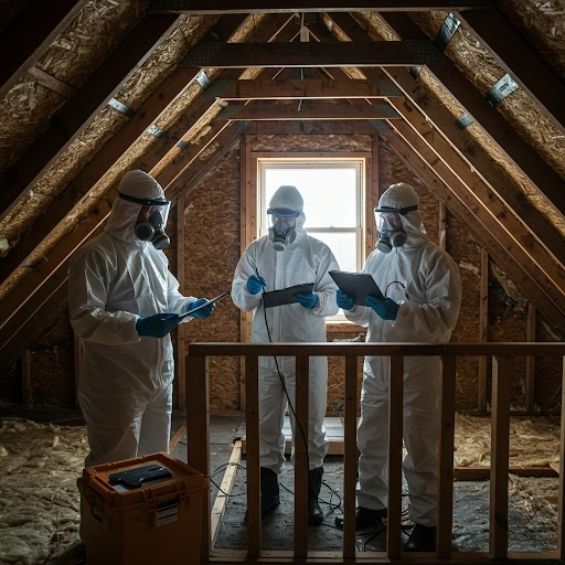 Three certified mold inspectors in protective gear conducting a thorough attic mold inspection in a Hudson Valley home, documenting findings with testing equipment and clipboards