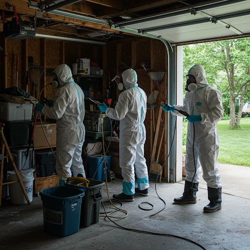 Three professional mold removal specialists in Hudson Valley wearing full protective hazmat suits and respirators treating garage for mold contamination with professional equipment and containment protocols