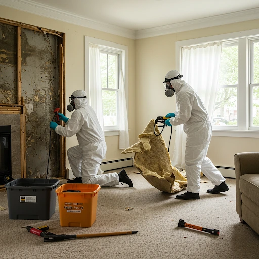 Professional mold removal technicians in Hudson Valley wearing protective equipment while removing damaged drywall and contaminated materials from residential living room, using specialized containment procedures for safe remediation