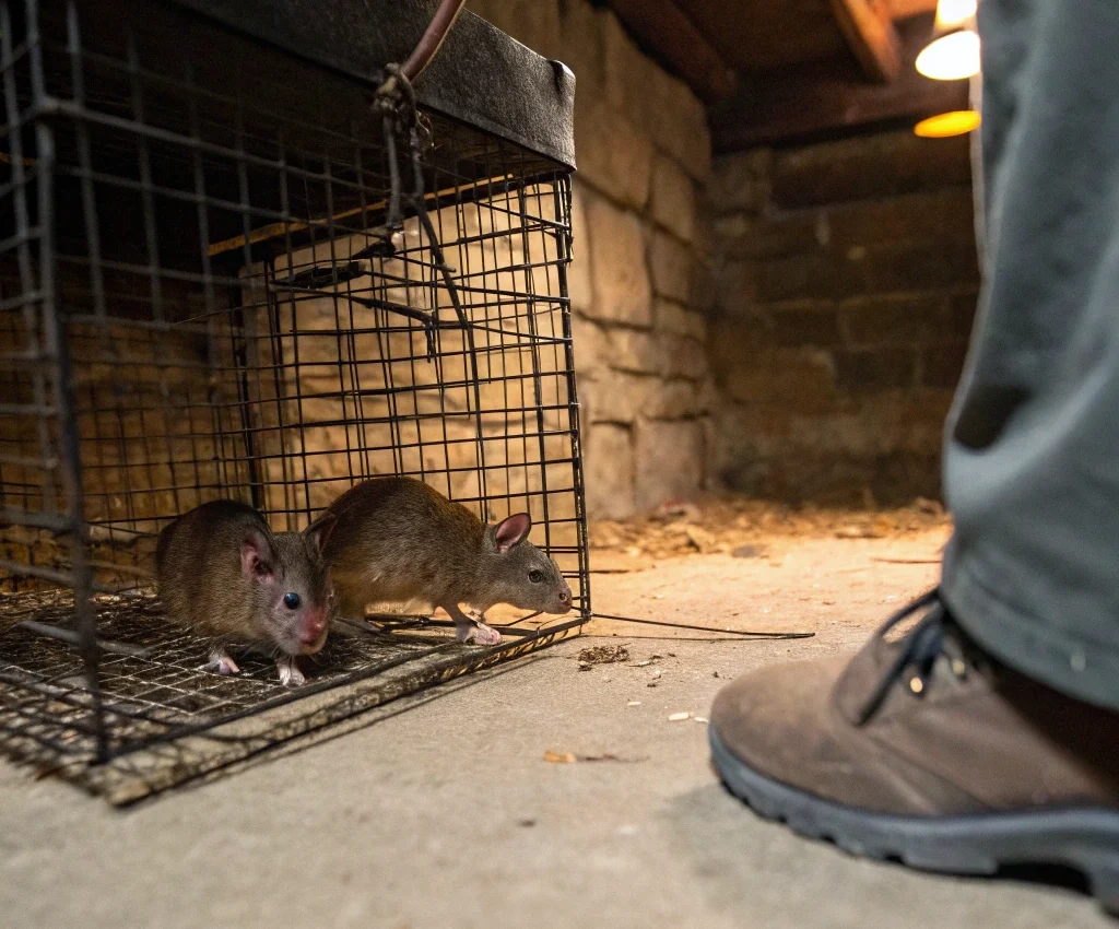 Professional rodent control trapping setup with captured rats in wire cage trap in basement or crawl space