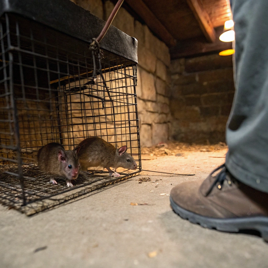 Professional rodent control trapping setup with captured rats in wire cage trap in basement or crawl space