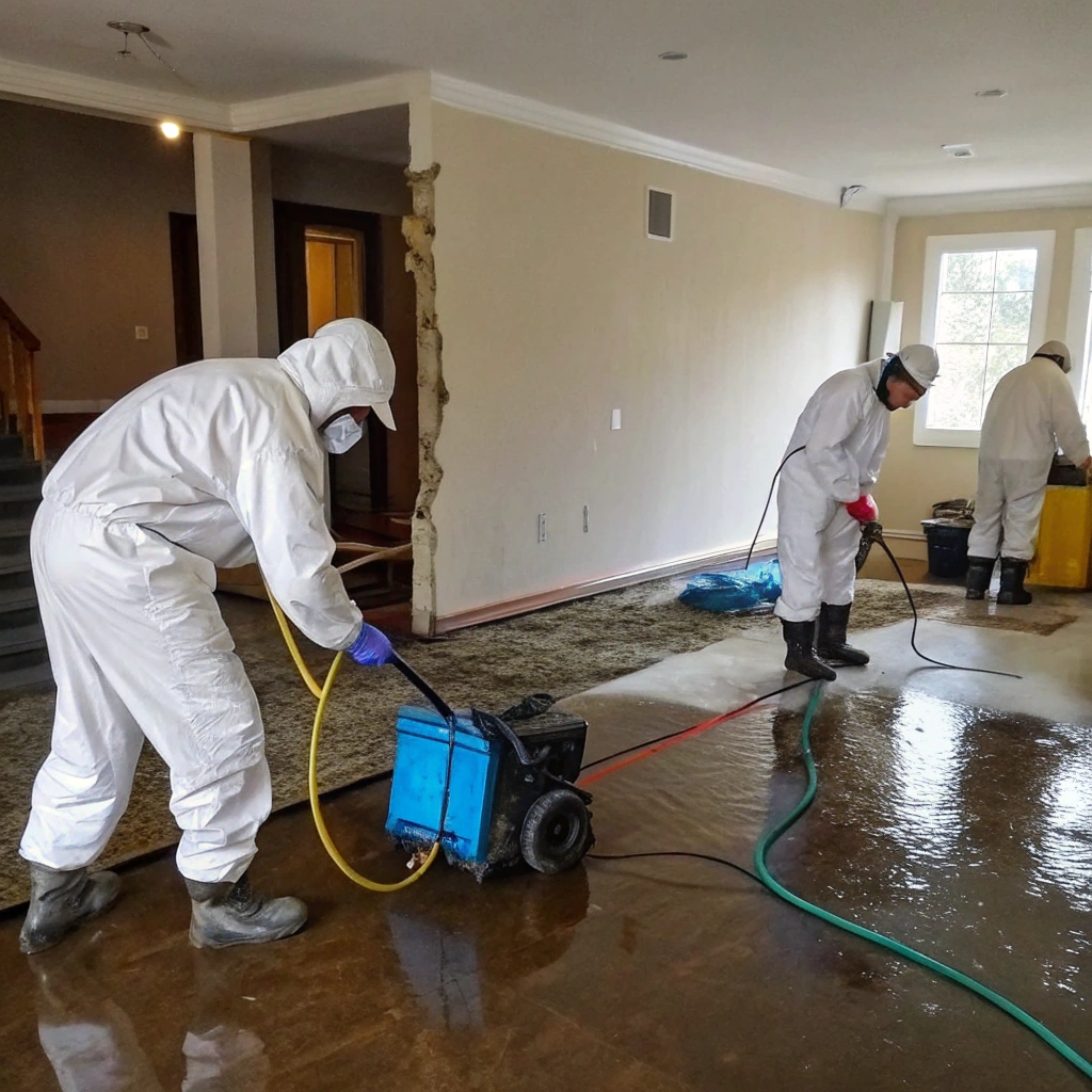 Professional restoration technicians in protective suits performing water damage restoration Hudson Valley services with industrial extraction equipment in flooded home