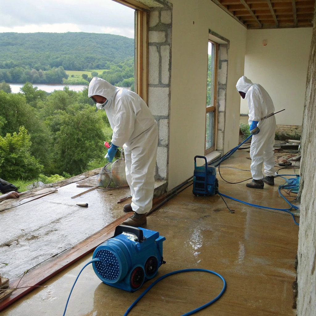 Professional technicians in protective suits conducting water damage restoration Hudson Valley services with industrial equipment and scenic mountain backdrop