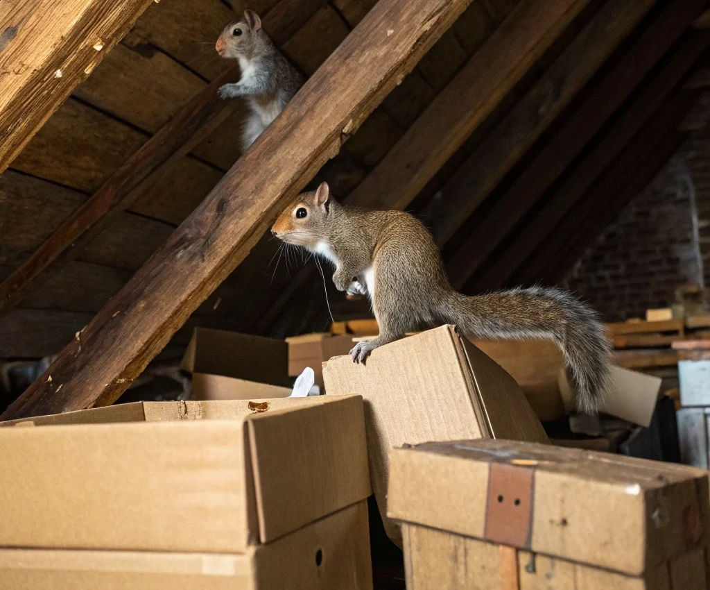 Two squirrels in residential attic among cardboard boxes demonstrating need for professional wildlife animal removal services