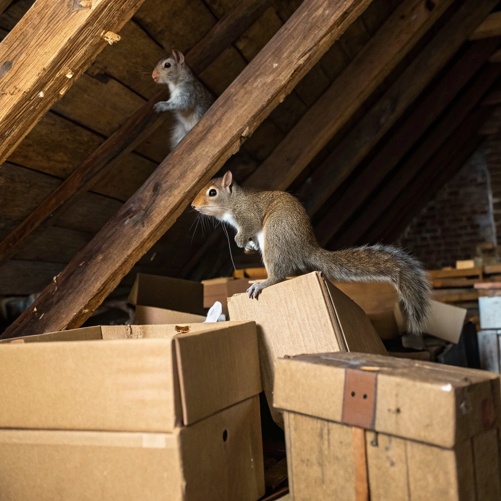 Two squirrels in residential attic among cardboard boxes demonstrating need for professional wildlife animal removal services
